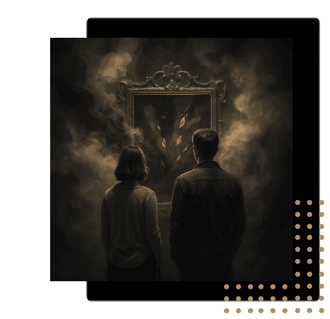 Two individuals facing a smoky mirror symbolizing confusion and marketing gimmicks, contrasted by a hidden spark of brand clarity and purpose