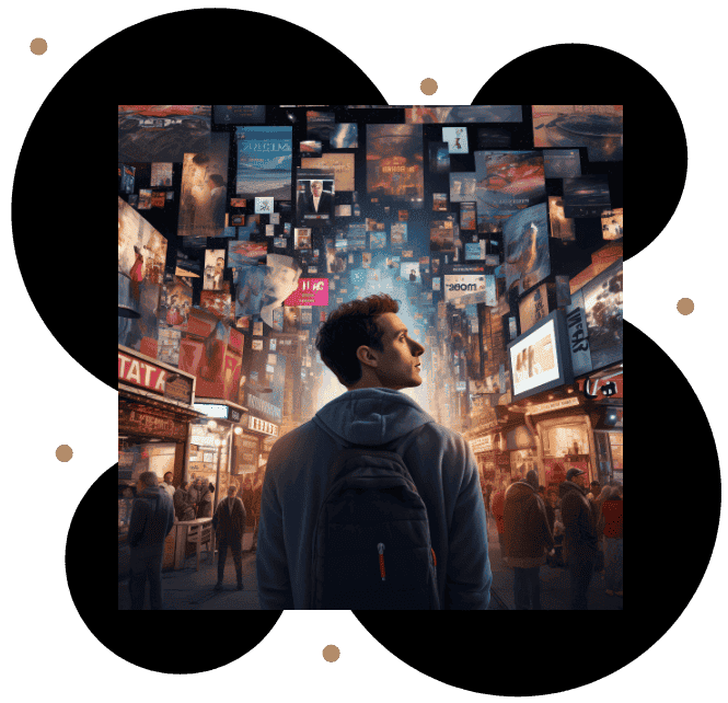 Young man captivated by a wall of digital screens symbolizing brand messages cutting through the noise to deeply connect with audiences