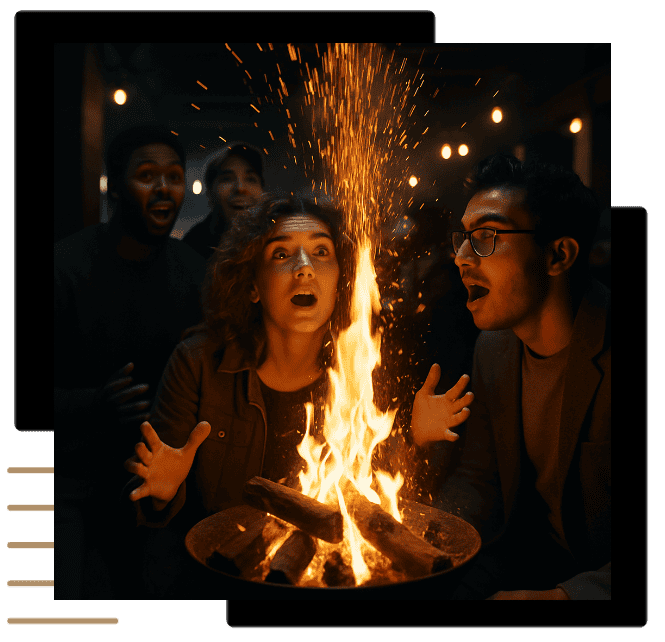 Group of inspired entrepreneurs gathered around fire, symbolizing Cindari’s Brand Ignition method