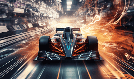 Blazing race car symbolizing lightning-fast website performance with Cindari’s Speed Booster Accelerator