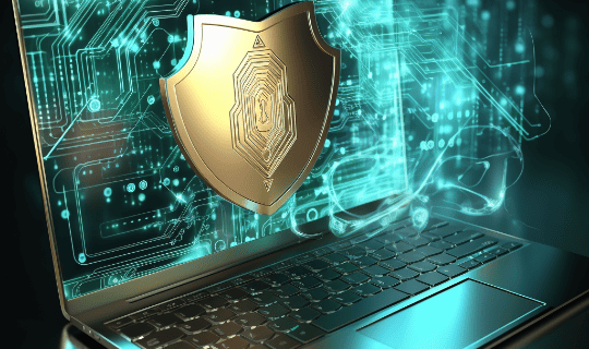 Shield hologram over laptop representing Cindari’s monthly website protection and performance service